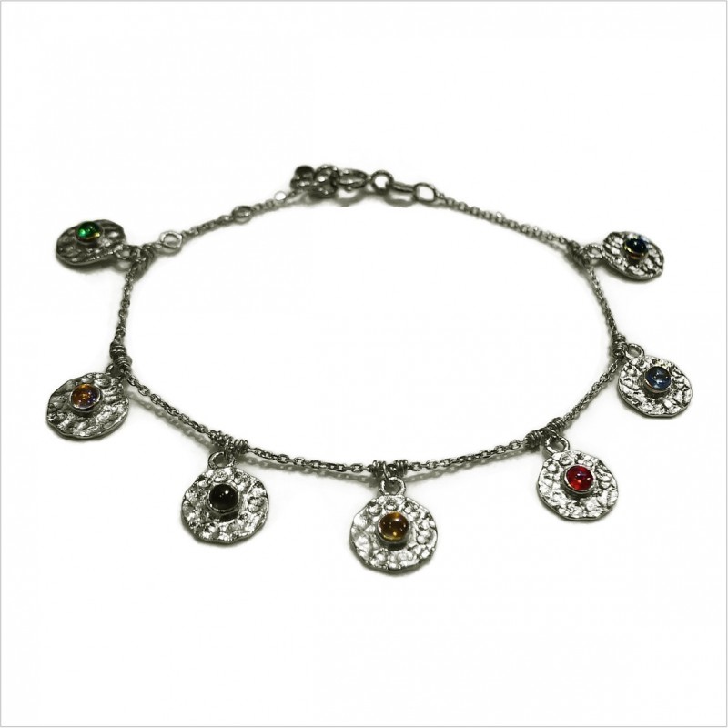 Bracelet sur chaine en argent pampilles martelées pierres colorées - Bijoux fins de créateur