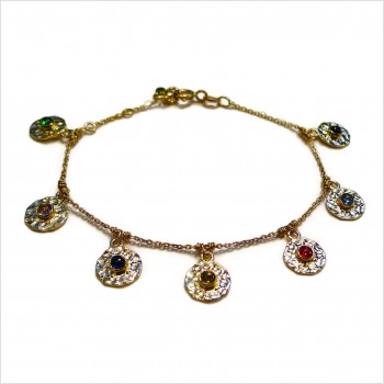 Bracelet sur chaine plaqué or pampilles martelées pierres colorées - Bijoux fins de créateur
