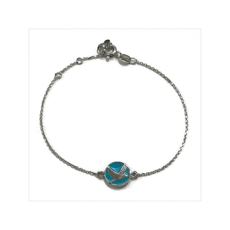 Bracelet émaillé sur chaine argent médaille oiseau turquoise - Bijoux modernes - Gag et Lou - bijoux fantaisie