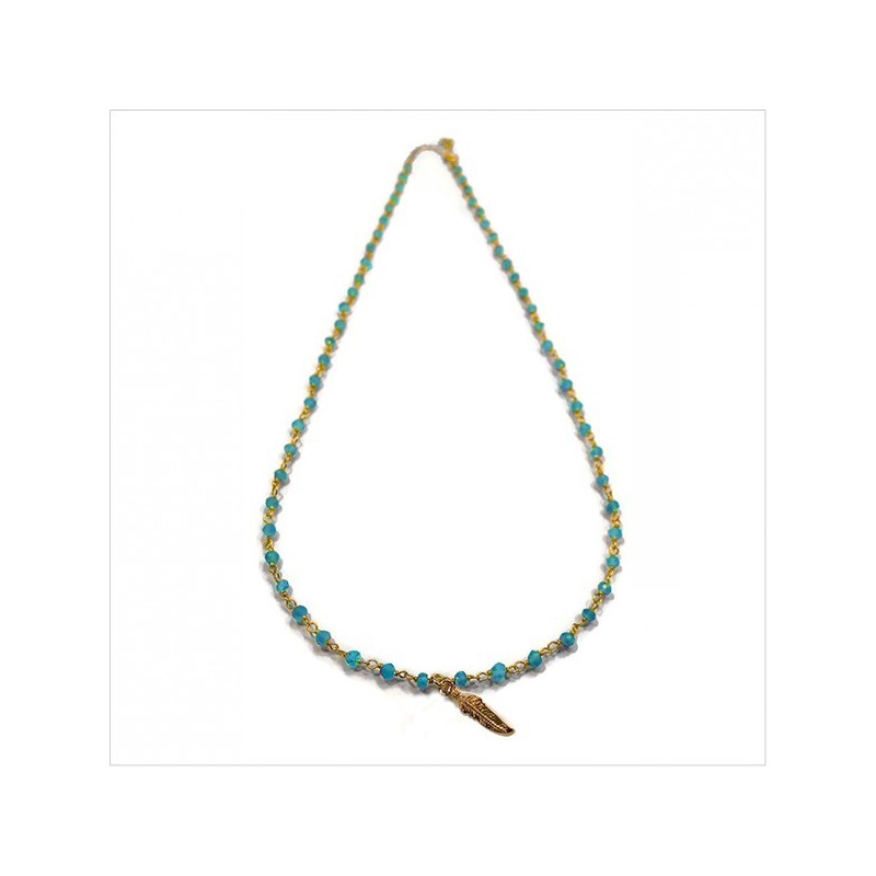 Collier Faro sur chaine plaqué or en Turquoise et charms plume - Bijoux modernes - Gag et lou - bijoux fantaisie