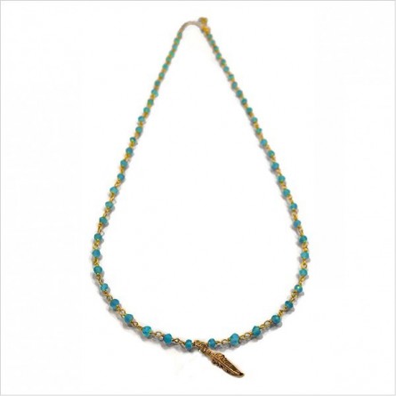 Collier Faro sur chaine plaqué or en Turquoise et charms plume - Bijoux modernes - Gag et lou - bijoux fantaisie