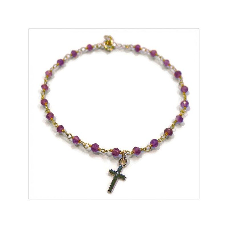Bracelet Faro sur chaine plaqué or en améthyste et charms croix - Bijoux modernes - Gag et lou - bijoux fantaisie