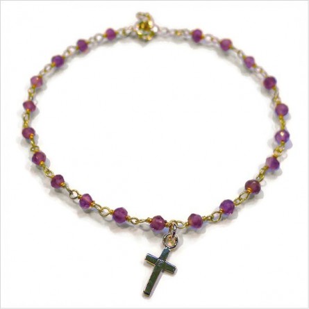 Bracelet Faro sur chaine plaqué or en améthyste et charms croix - Bijoux modernes - Gag et lou - bijoux fantaisie