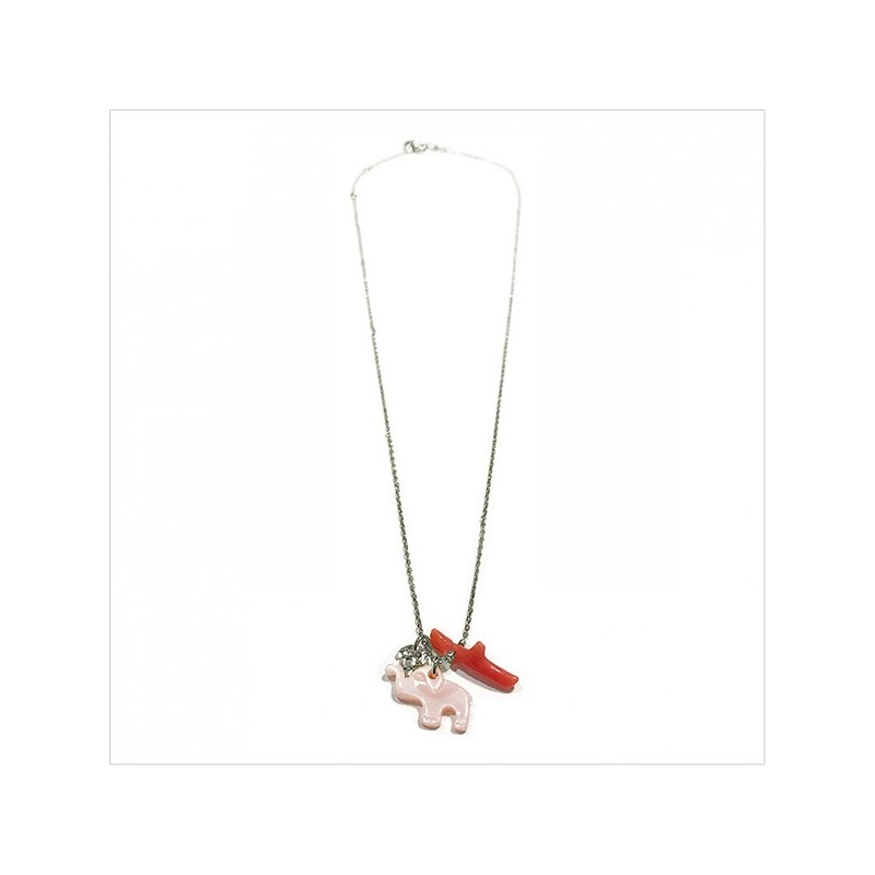 Collier Bora-Bora en argent et corail rouge, éléphant en nacre rose, lune martelée sur chaine - Bijoux modernes - gag et lou