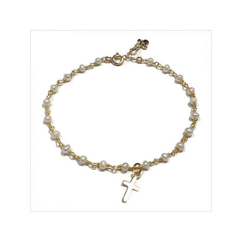 Bracelet Faro sur chaine plaqué or en perles fines et charms croix - Bijoux modernes - Gag et lou - bijoux fantaisie