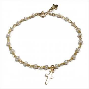 Bracelet Faro sur chaine plaqué or en Perle fine et charms croix - Bijoux modernes - Gag et lou - bijoux fantaisie