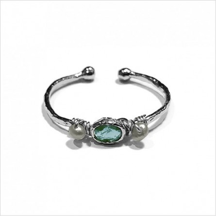 Bague martelée 2 boules en Argent sertie de deux perles fines et pierre de couleur bleu turquoise - Bijoux fins et originaux