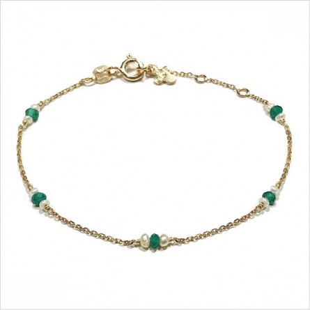 Bracelet Joséphine sur chaine en plaqué or agate verte et perle fines - Bijoux fins et fantaisies