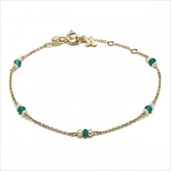 Bracelet Joséphine sur chaine en plaqué or agate verte et perle fines - Bijoux fins et fantaisies