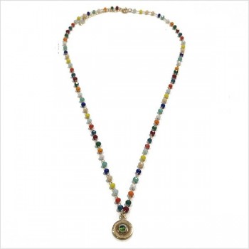 Collier sur chaine perlée multicolore avec médaille martelée ronde assortie - Bijoux fins et fantaisies