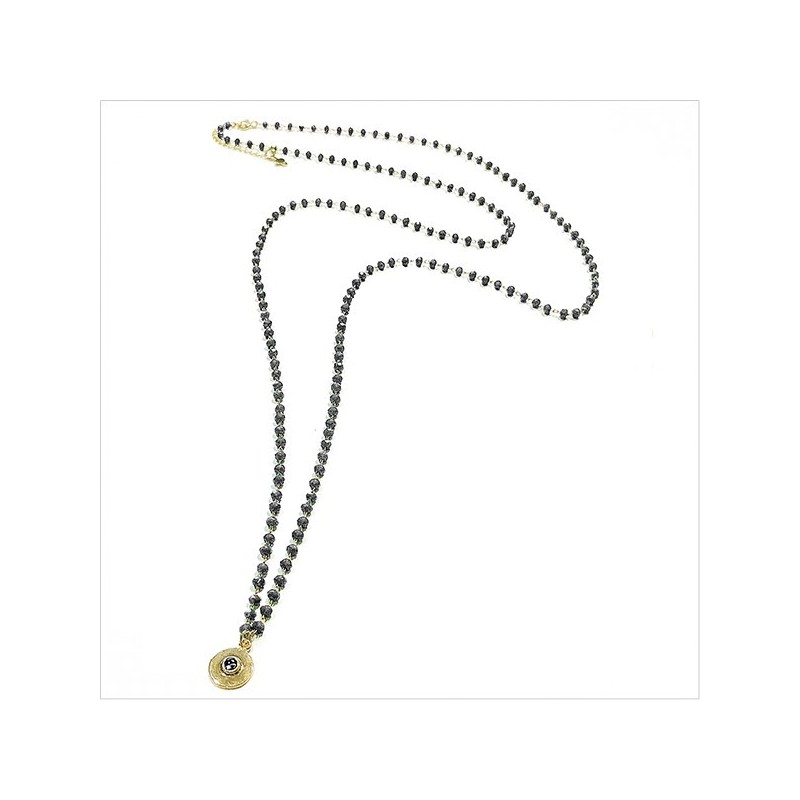 Sautoir Chapelet sur chaine perlée Anthracite avec médaille assortie - Bijoux fins et fantaisies
