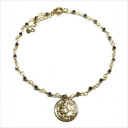 Bracelet chaine plaqué or pierre hématite médaille pièce de monnaie - Bijoux fins et tendances