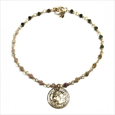 Bracelet chaine plaqué or pierre tourmaline multicolore médaille pièce de monnaie - Bijoux fins et tendances