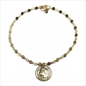 Bracelet chaine plaqué or pierre tourmaline multicolore médaille pièce de monnaie - Bijoux fins et tendances