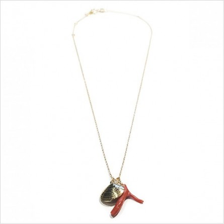 Collier sur chaine plaqué or médaille palourde et corail rouge - bijoux fins et fantaisies