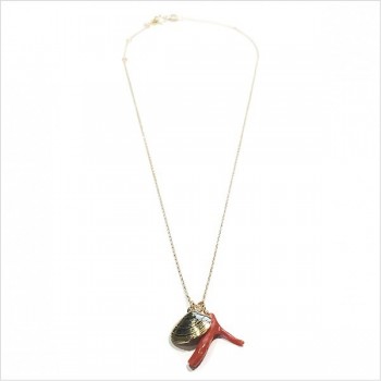 Collier sur chaine plaqué or médaille palourde et corail rouge - bijoux fins et fantaisies