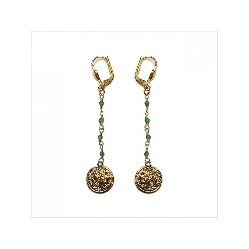 Boucles d'oreilles fine chaine de pierres fines Agate verte médaille pièce de monnaie pendante - Bijoux fins et originaux