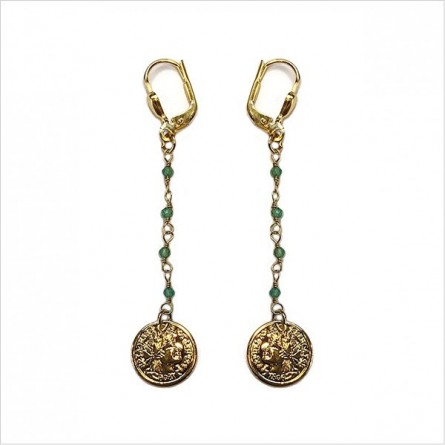 Boucles d'oreilles fine chaine de pierres fines Agate verte médaille pièce de monnaie pendante - Bijoux fins et originaux