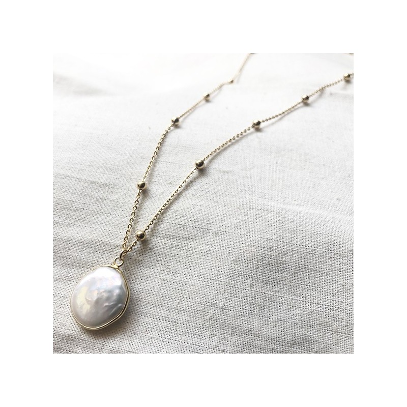 Collier pendentif perle d'eau douce sertie nacrée  plaqué or - Bijoux fins et modernes