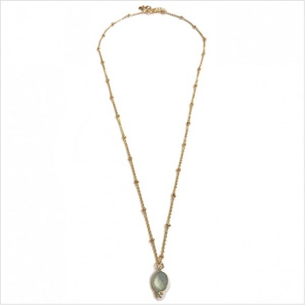 Collier sur chaîne perlée plaqué or médaille sertie calcedoine verte clair - Bijoux fins et fantaisies tendances