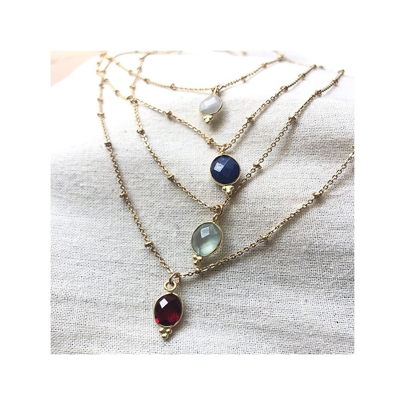 Collier sur chaîne perlée plaqué or médaille sertie colorée - Bijoux fins et fantaisies tendances
