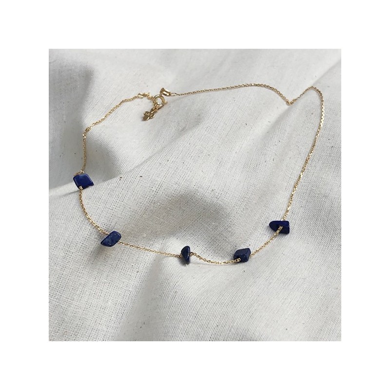 Collier plaqué or 5 pierres fines irrégulières en lapis lazuli - Bijoux fins et tendances