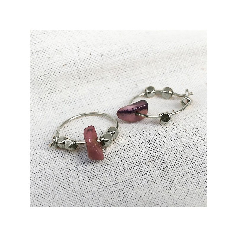 Créoles 15 mm en argent avec perles facettées et pierre fine en Rhodochrosite rose - Bijoux fins et intemporels