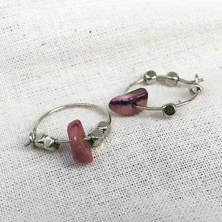 Créoles 15 mm en argent avec perles facettées et pierre fine en Rhodochrosite rose - Bijoux fins et intemporels