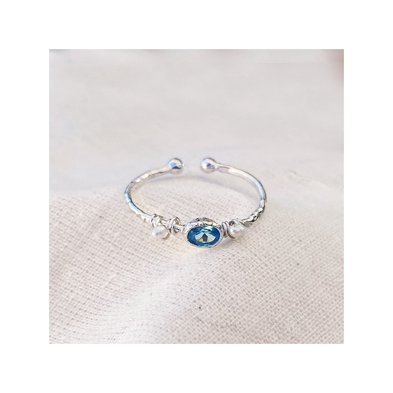 Bague martelée 2 boules en Argent sertie de deux perles fines et pierre de couleur bleue turquoise - Bijoux fins et originaux