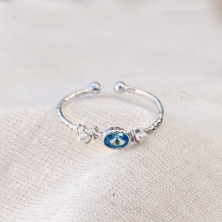 Bague martelée 2 boules en Argent sertie de deux perles fines et pierre de couleur bleue turquoise - Bijoux fins et originaux