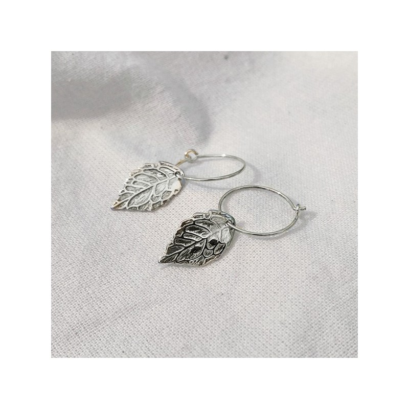 Créoles 15 mm en Argent pendentif feuille d'automne - Bijoux fins et modernes