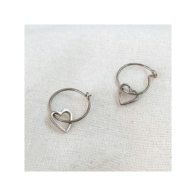 Boucles d'oreilles créoles pendentif coeur évidé en argent - Bijoux fins et fantaisies