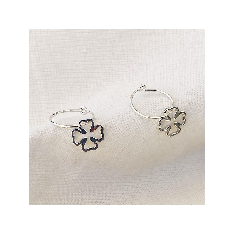 Boucles d'oreilles créoles pendentif trèfle évidé en argent -Bijoux fins et fantaisies