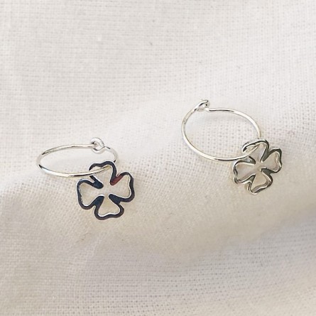 Boucles d'oreilles créoles pendentif trèfle évidé en argent -Bijoux fins et fantaisies