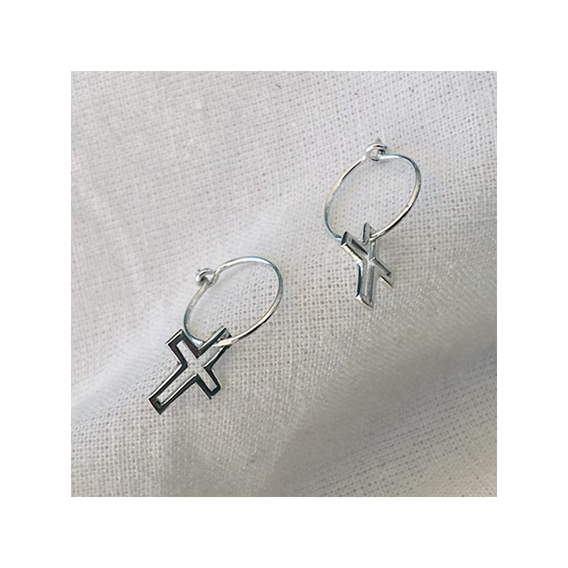 Boucles d'oreilles créoles pendentif croix évidé en argent - Bijoux fins et fantaisies