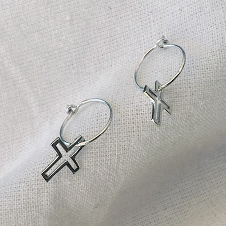 Boucles d'oreilles créoles pendentif croix évidé en argent - Bijoux fins et fantaisies