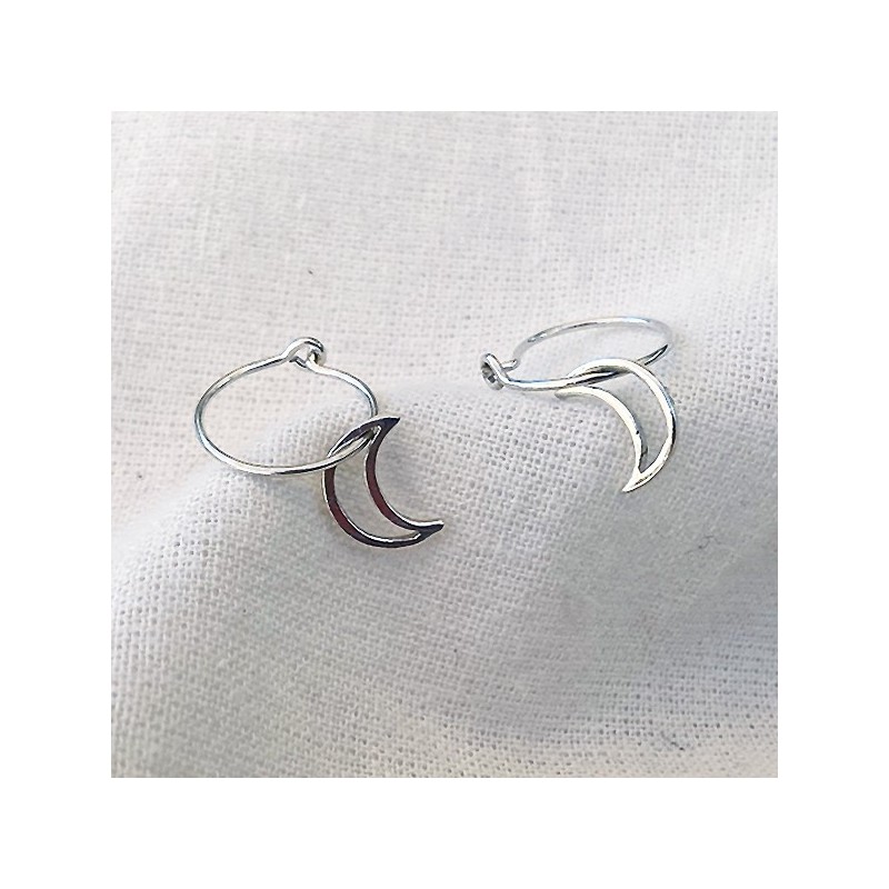 Boucles d'oreilles créoles pendentif lune évidé en argent - Bijoux fins et fantaisies