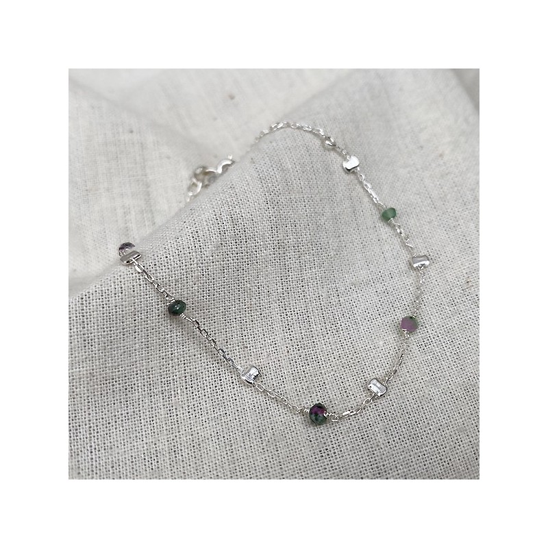Bracelet sur chaine perlée en argent et pierres fines en rubis soizite - Bijoux fins et tendances