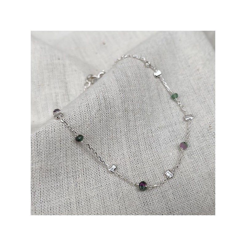 Bracelet sur chaine perlée en argent et pierres fines en rubis soizite - Bijoux fins et tendances