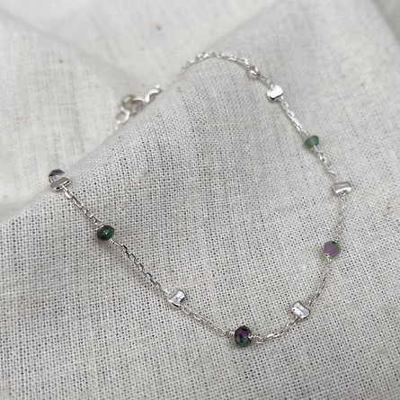 Bracelet sur chaine perlée en argent et pierres fines en rubis soizite - Bijoux fins et tendances