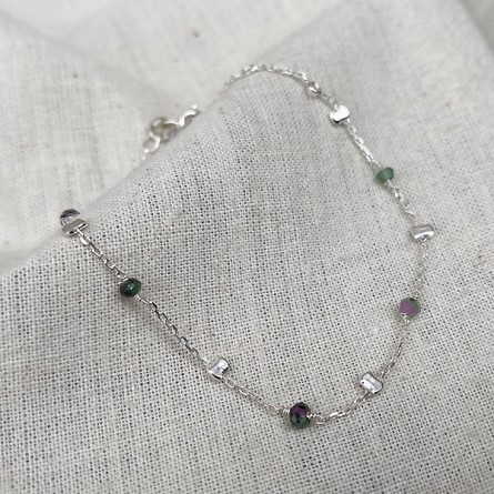 Bracelet sur chaine perlée en argent et pierres fines en rubis soizite - Bijoux fins et tendances