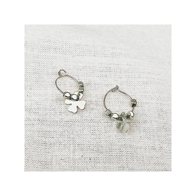 Créoles en argent avec perles facettées pendentif trèfle - Bijoux fins et fantaisies