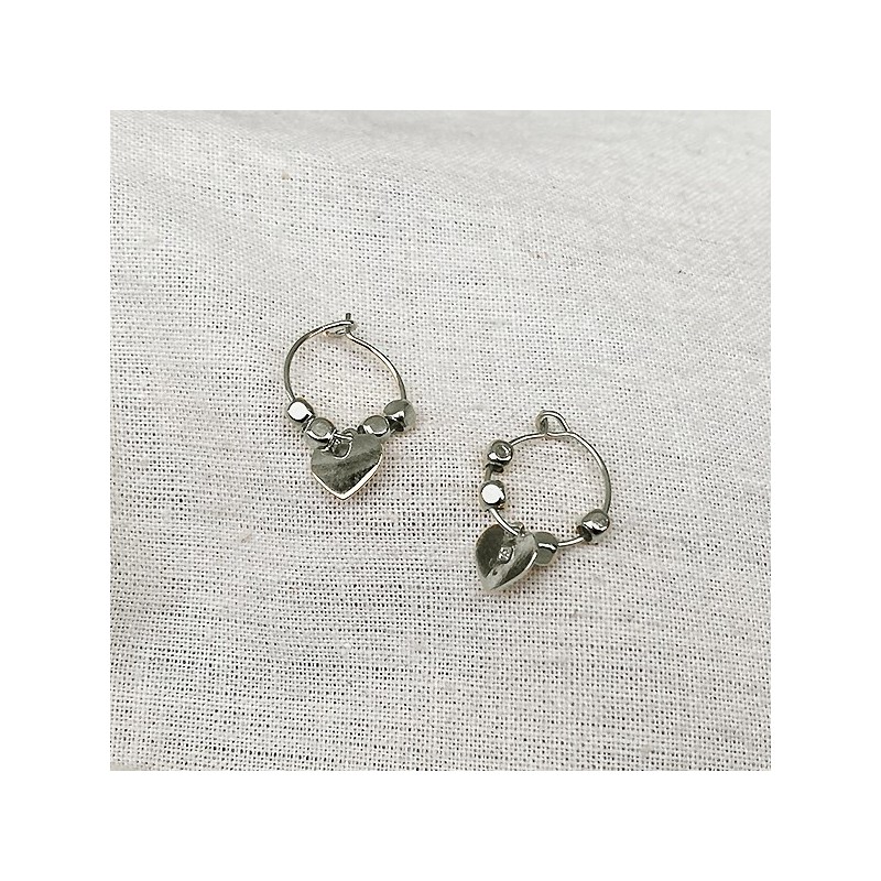 Créoles en argent avec perles facettées pendentif coeur - Bijoux fins et fantaisies