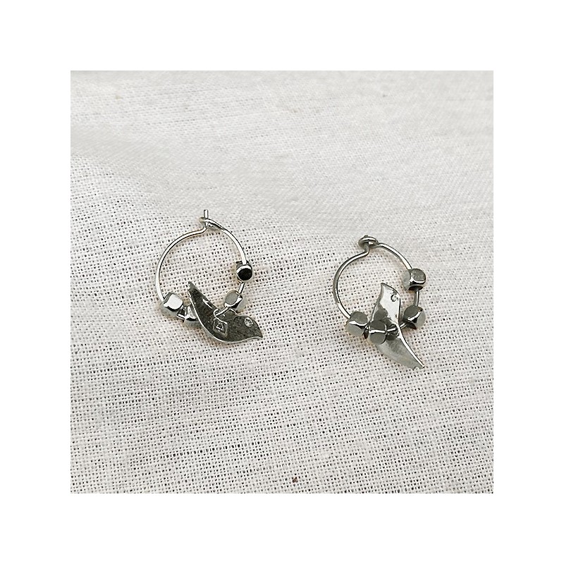 Créoles en argent avec perles facettées pendentif oiseau - Bijoux fins et fantaisies