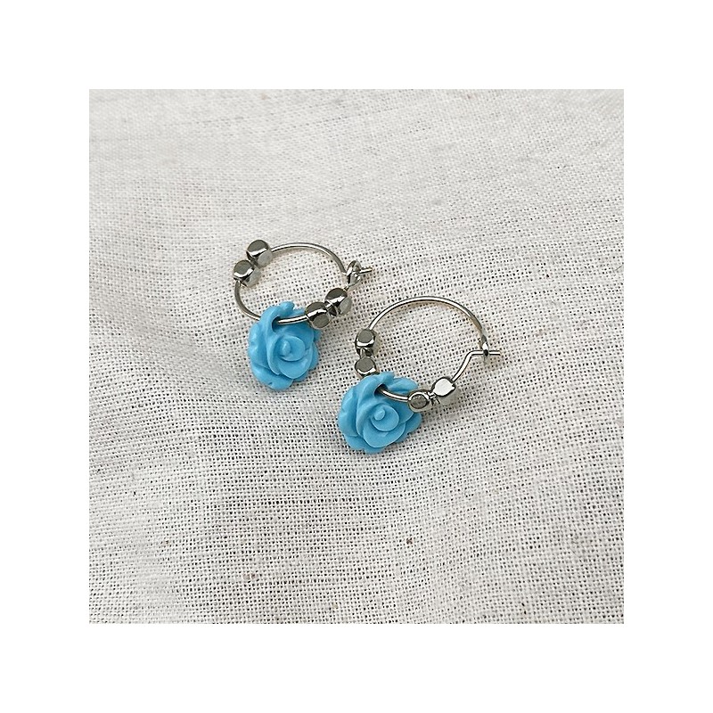 Créoles en argent avec perles facettées pendentif fleur rose turquoise - Bijoux fins et fantaisies