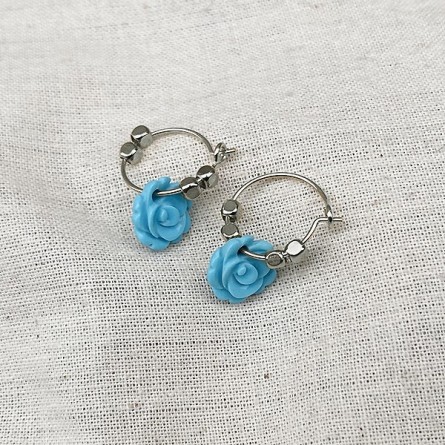 Créoles en argent avec perles facettées pendentif fleur rose turquoise - Bijoux fins et fantaisies