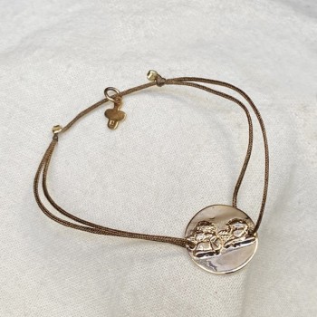 Bracelet lien ajustable couleur taupe médaille ange plaqué or - Bijoux fins et fantaisies