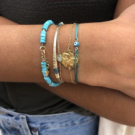 Bracelet œil en plaqué or sur lien turquoise ajustable - Bijoux fins et fantaisies tendances