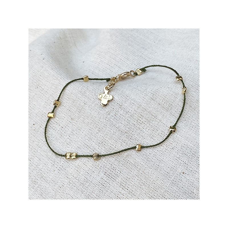 Bracelet fil de soie kaki et perles en plaqué or - Bijoux fins et originaux