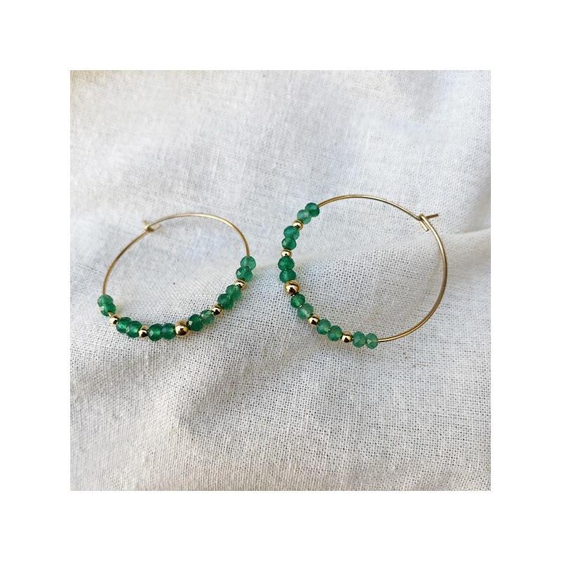 Boucles d'oreilles créoles 30 mm en plaqué or avec pierre fine en Agate verte - Bijoux fins et modernes